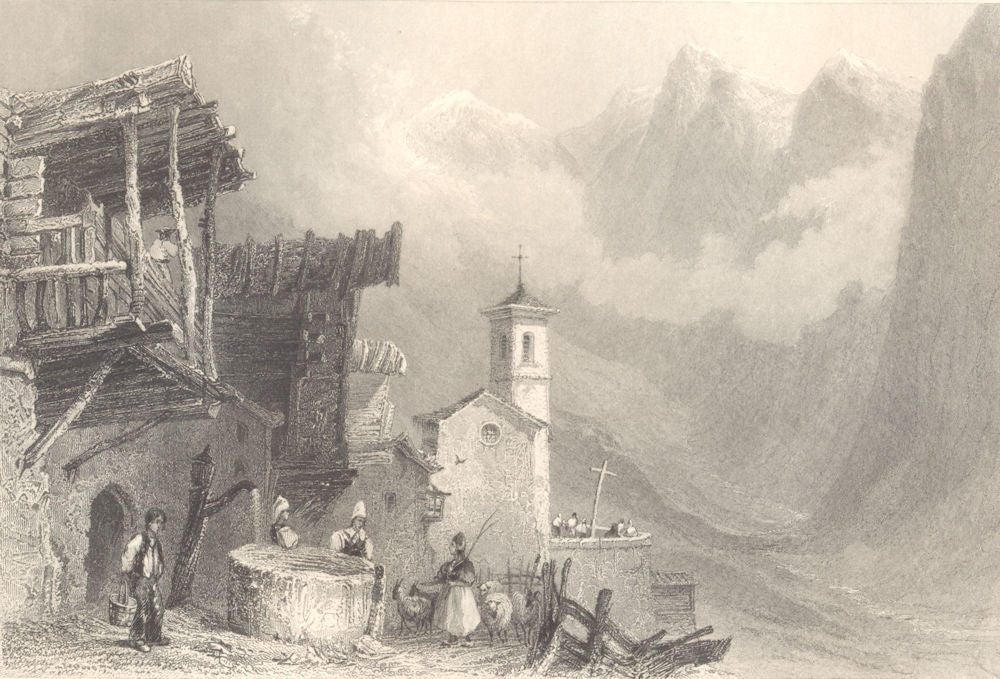 HAUTES-ALPES. View of St. Veran. Church. Well. Goats. BARTLETT 1838 old print